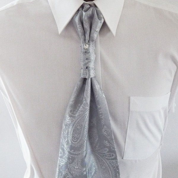 Mens Ascot Tie Silver Gray Satin Paisley Adjustable Neck Mens Formal Ascot