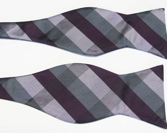 Purple Lavender And Gray Square  Design Self Tie Freestyle Bow Tie With Free Pocket Square