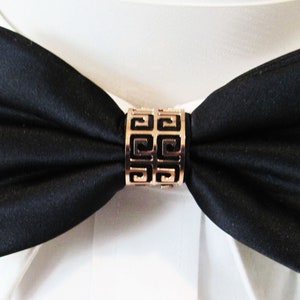 Black Satin  Pretied Bow Tie With interchangeable Metal Knot Covers Gold And Silver All Included With FREE Pocket Square