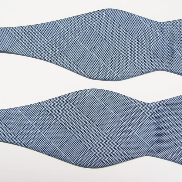 Mens Light Blue And Black Glen  Plaid (With Free Pocket Square)   Design  Self Tie Freestyle Bow Tie