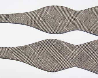Black And Beige Glen Plaid With Free Pocket Square  Design Self Tie Freestyle Bow Tie