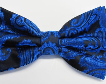 Royal Blue On Black Paisley (With Free Pocket Square) Pre Tied Mens Bow Tie