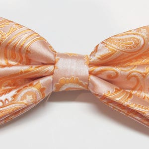 Peach Orange Apricot Melon Tone On Tone Paisley With Free Pocket Square Pre Tied Mens Bow Tie image 1