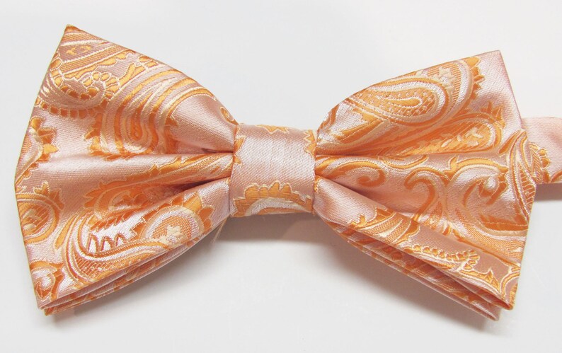 Peach Orange Apricot Melon Tone On Tone Paisley With Free Pocket Square Pre Tied Mens Bow Tie image 1