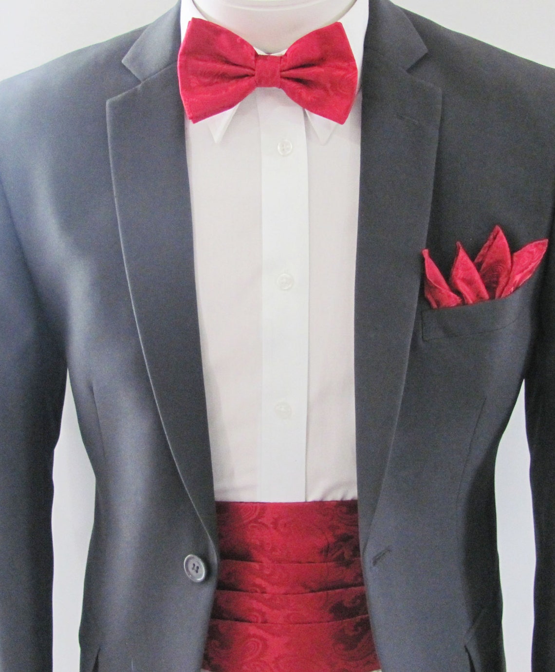 Mens Red Paisley Satin Cummerbund Set Adjustable Back With Tie Etsy