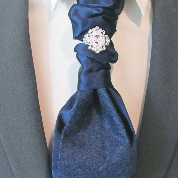 Mens Ascot Tie Navy Blue Satin And Wool with Jeweled crest Pretied Adjustable Neck Mens Formal Ascot cravat With Pocket Square