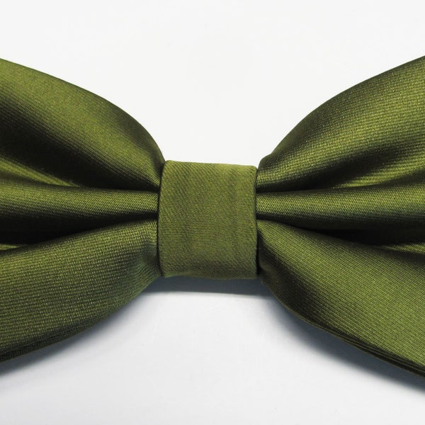 Mens Bowtie Olive Green Solid Banded With Free Pocket Square Pre Tied Bow Tie