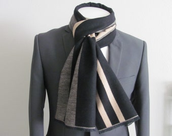 Mens or Womens Scarf Soft And Warm Black Tan And Gray Stripe With Fringe Mens or Womens  Fashion Scarf