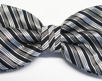 Mens  Bowtie  Black, Silver And Gray Strips (With Free Pocket Square)  Pre Tied Bow Tie