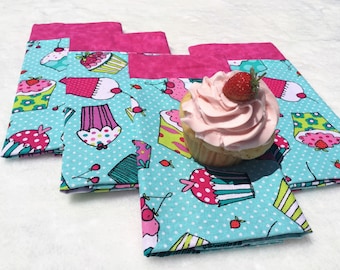 Retro Cupcake Cloth Napkins - Double-Sided Napkins - Aqua/Pink Reversible Napkins - Cute Table Linen, LasmasCreations