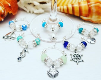 Gift for Beach Lover - Beach WINE GLASS CHARMS - Set of 6 - Unique Wine Charm Favors - Wine Gift for Wine and Beach Lover