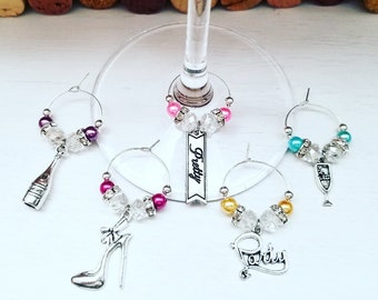 Girls Night Out Party Decor - WINE GLASS CHARMS - Set of 5 | Girls Night In Party Favors | Bachelorette Party Decor | Wine Gift for Women