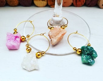 Raw Stone WINE CHARMS - set of 4 | Druzy Home Decor | Unique Wine Gift