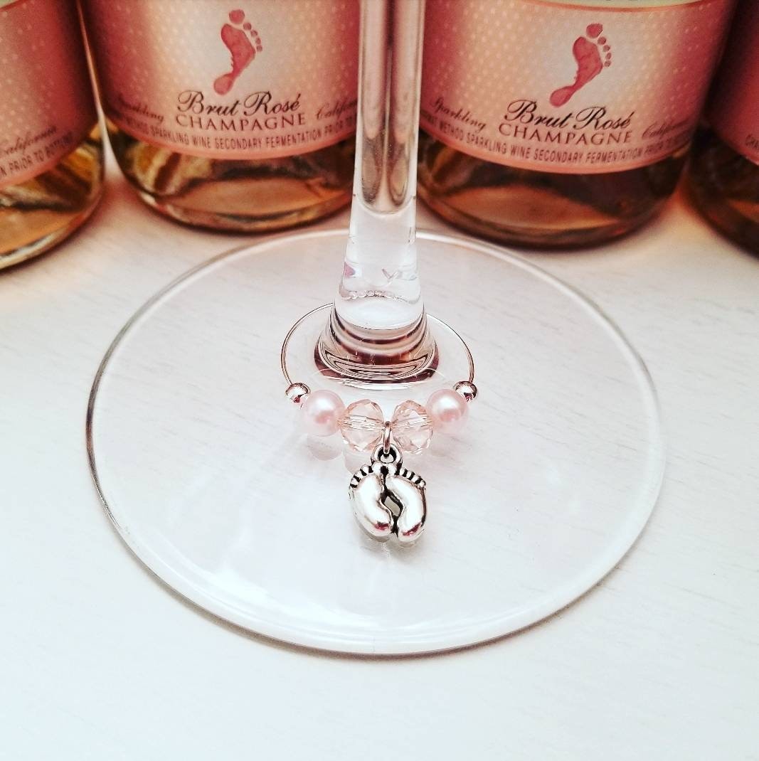 Kwkd Blush Pink Baby Shower Champagne Tags - WINE GLASS CHARMS - Baby Feet ...