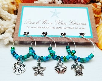 Unique Beach Theme Gift - Aquamarine WINE GLASS CHARMS - Set of 4 | Beach Weddng Favors | Beach Thank You Gifts for Guests | Coastal Decor