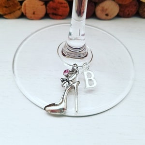 Personalized High Heel Shoe WINE GLASS CHARMS - Personalized Shoe Party Favors - Birthstone Color Favors - Letter Wine Charms - Name Gifts