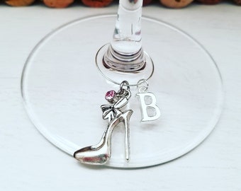 Personalized High Heel Shoe WINE GLASS CHARMS - Personalized Shoe Party Favors - Birthstone Color Favors - Letter Wine Charms - Name Gifts