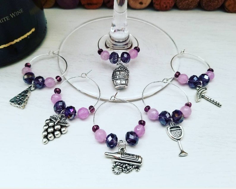 WINE GLASS CHARMS Set of 6 Wine Gift for Women Wine Tasting Bridal Shower Wine Favors Custom Wine Charms Purple Party Favors image 9