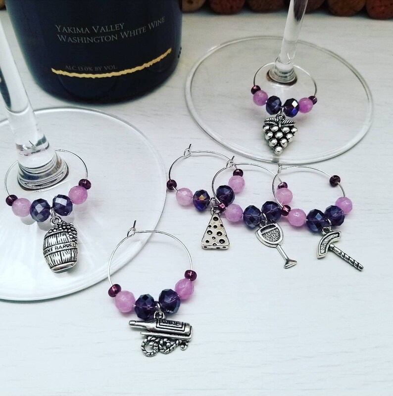 WINE GLASS CHARMS Set of 6 Wine Gift for Women Wine Tasting Bridal Shower Wine Favors Custom Wine Charms Purple Party Favors image 1