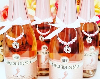 Baby Shower Champagne Tags Girl - WINE GLASS CHARMS - Baby Shower Decorations Girl, Pink Baby Shower Gift, Baby Shower Baby Feet Decor