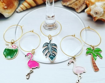 Tropical Bridal Shower Favors - 5 Wine Charms - Monstera Leaf Decoration, Tropical Leaves, Flamingo - Beach Theme Party Supplies Table Decor