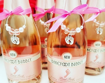 Blush Pink Baby Shower Champagne Tags - WINE GLASS CHARMS - Baby Feet Barefoot Wine Favors - Girl Baby Shower Champagne Gifts for Guests