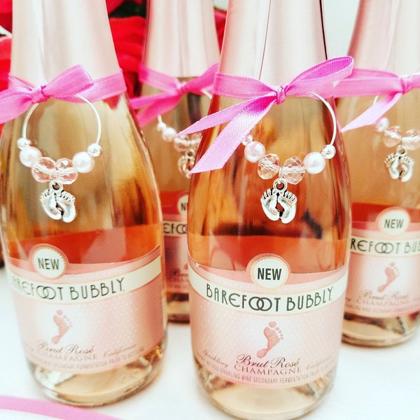 Blush Pink Baby Shower Champagne Tags - WINE GLASS CHARMS - Baby Feet Barefoot Wine Favors - Girl Baby Shower Champagne Gifts for Guests