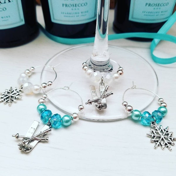 Ski & Snowflake WINE GLASS CHARMS - Set of 4 - Winter Wonderland Party Decor - Gift for Ski Lover