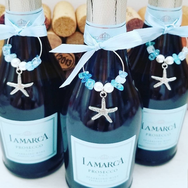 Beach wedding starfish favors | STARFISH WINE CHARMS | faux sea glass beach table decor | unique wine gift | beach wedding favors | starfish