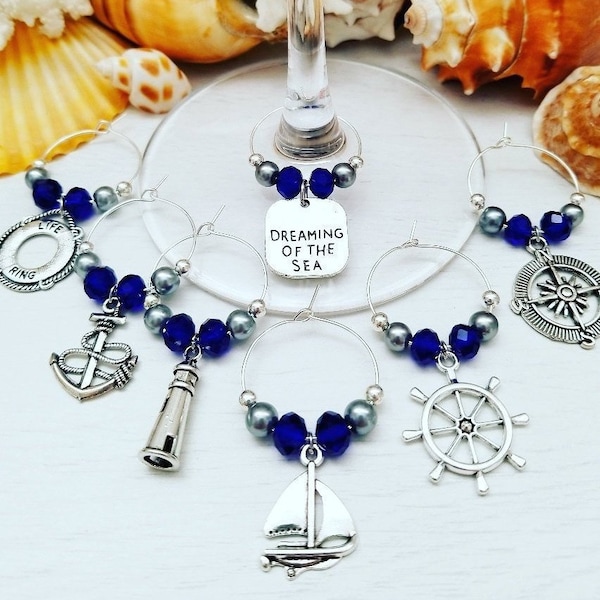 Nautical Wedding Favors | BEACH WINE CHARMS - Set of 7 | Nautical Wedding Thank You Gifts for Guests | Lets Get Nauti Bachelorette Favors