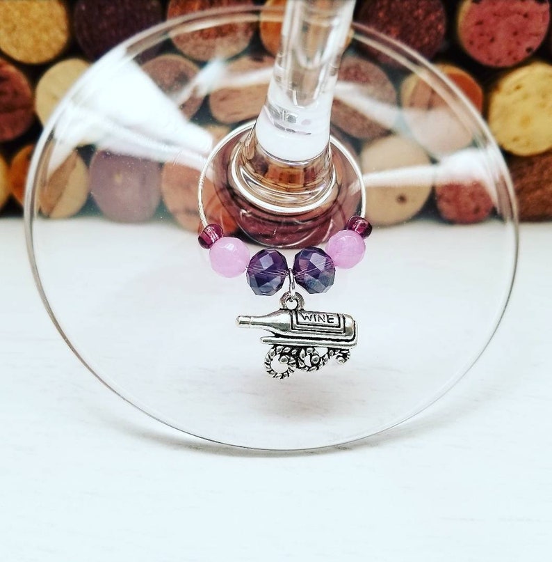 WINE GLASS CHARMS Set of 6 Wine Gift for Women Wine Tasting Bridal Shower Wine Favors Custom Wine Charms Purple Party Favors image 2