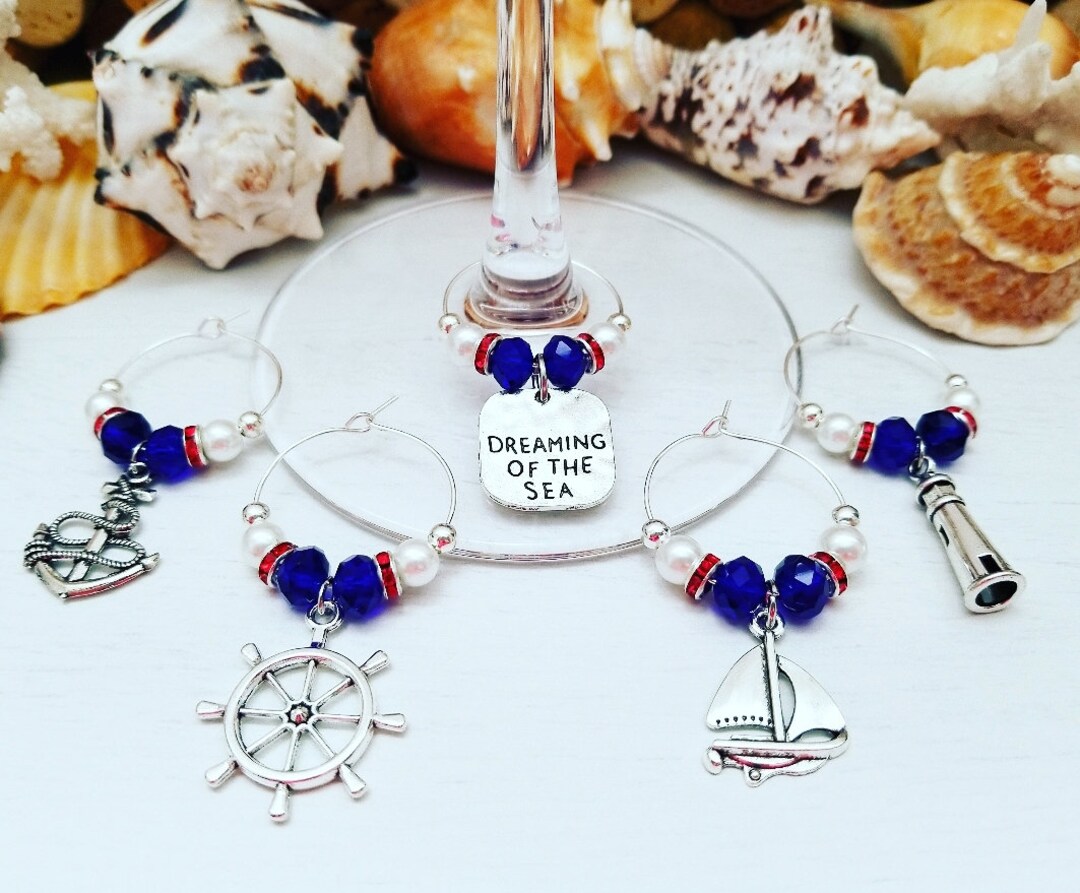 Beach Theme Gift Nautical WINE GLASS CHARMS Set of 5 Nautical Baby Shower Favors for Guests Ahoy