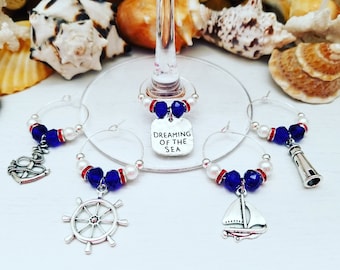 Beach Theme Gift - Nautical WINE GLASS CHARMS - Set of 5 | Nautical Baby Shower Favors for Guests - Ahoy | Beach Gift for Beach Lover