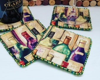 Unique Wine Gift for Wine Lover - 4 Fabric Wine Coaster & 4 Wine Glass Charms - Wine Theme Gift Basket -  Wine Accessories - Home Bar