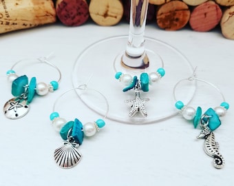 BEACH WINE CHARMS, Beach Theme Wedding Gift - Wine Glass Charms, Wine Gift, Beach Bridal Shower Favors, Wine Gift, Aqua Beach Favors, Beach