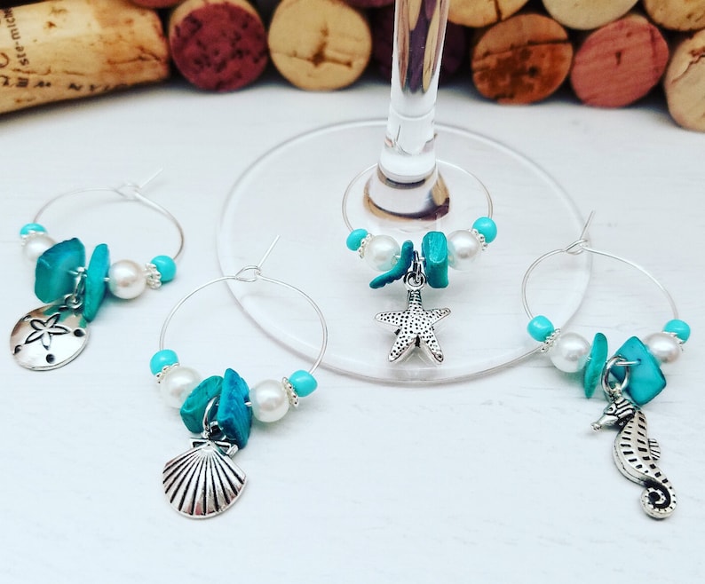 Beach BEACH WINE CHARMS Wine Gift Beach Bridal Shower Favors Aqua Beach Favors Wine Gift Wine Glass Charms Beach Theme Wedding Gift