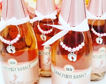 Girl Baby Shower Favors - Champagne Baby Feet Gift Tags - PINK WINE CHARMS |  Gender Reveal Party Baby Feet Decor | Baby Shower Decorations