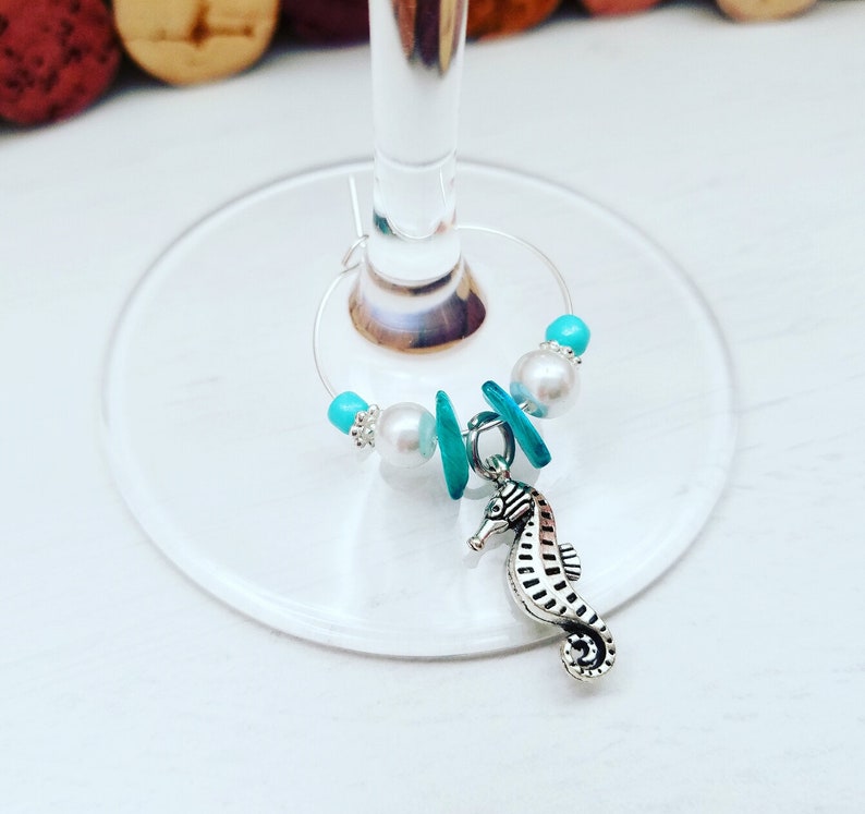 Beach BEACH WINE CHARMS Wine Gift Beach Bridal Shower Favors Aqua Beach Favors Wine Gift Wine Glass Charms Beach Theme Wedding Gift