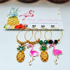 Flamingo bachelorette party decor | flamingo & pineapple wine charms | bachelorette flamingo favors | tropical party favors | pink flamingos