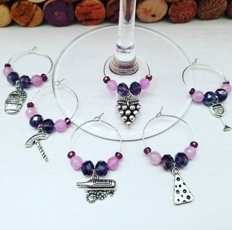 WINE GLASS CHARMS Set of 6 Wine Gift for Women Wine Tasting Bridal Shower Wine Favors Custom Wine Charms Purple Party Favors image 3