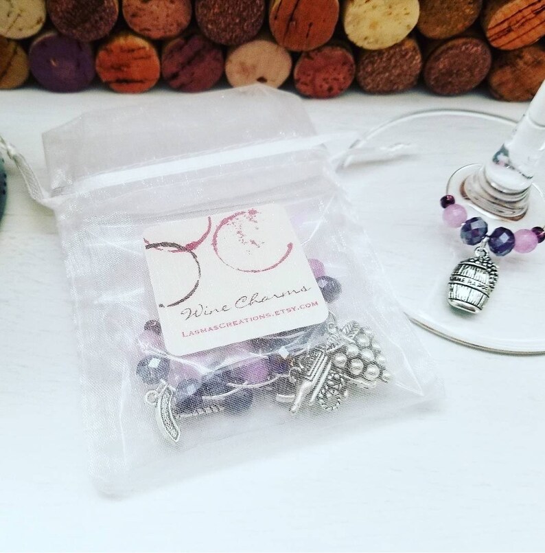 WINE GLASS CHARMS Set of 6 Wine Gift for Women Wine Tasting Bridal Shower Wine Favors Custom Wine Charms Purple Party Favors white organza bag