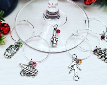 Gift for Wine Lover - 6 Wine Glass Charms, Wine Theme Bridal Shower Gifts - Wine Birthday Wine Favors, Wine Tasting Birthday Decor