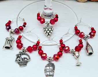 Red Vineyard Wine Glass Charms - Wine Lover Gift, Set of 6