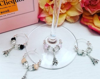 Paris Theme Party Favors - WINE GLASS CHARMS - Set of 4 - Eiffel Tower Bridal Shower Decor - Paris Birthday Party Decorations - Paris Bride