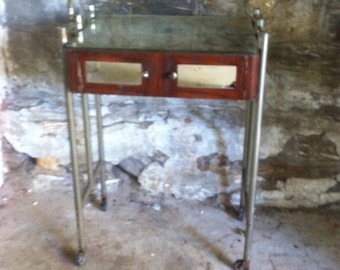 Antique Industrial Metal Table Desk Stand Faux Bois Steel Industrial Bar Cart Iron Mid Century Desk Vanity Rust
