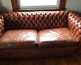 Pair Vintage Leather Sofa Distressed Love Seats Leather Tufted Classic 2 Seater Leather Sofas Brown