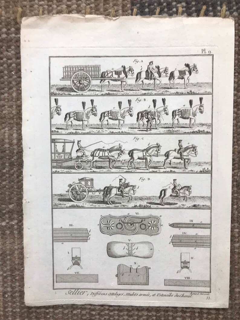 May include: A black and white illustration of different types of horse-drawn carriages and harnesses. The image includes a cart, a carriage, and a saddle. The image also includes various types of harnesses and other equipment. The text "Sellier, Differens attelages, Mulets arm&eacute;s, et Ustencikes du Cherald" is printed at the bottom of the image.
