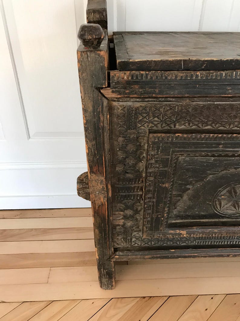 Antique Tibetan Dowry Chest 19th Century Carved Wood Himachal Pradish Ethnic Trunk Sideboard Indian Chest Primitive Tribal Chest