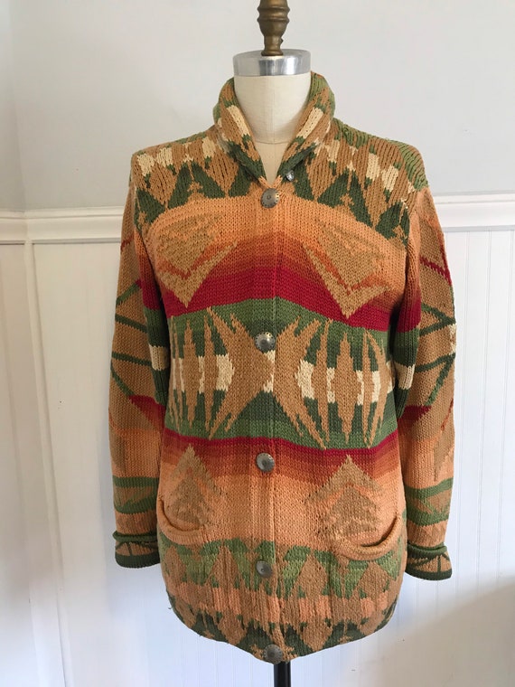 Vintage Ralph Lauren Hand Knit Sweater Coat Southwestern Tribal