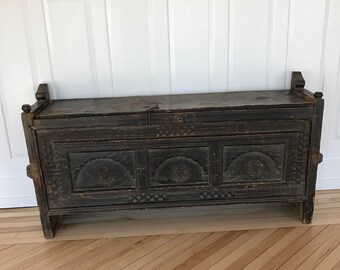 Antique Dowry Chest Indian Chest 19th C Carved Wood Wedding Chest Himachal Pradish Ethnic Trunk Sideboard Primitive Tribal